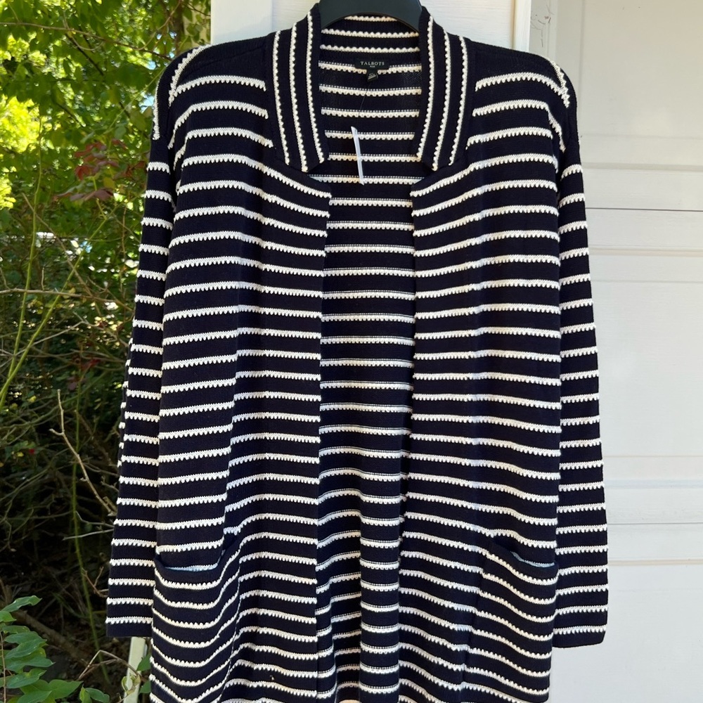 NWT Talbots Pretty Navy Lacey Cream Stripe Open Front Belted Cardigan - Picture 2 of 8